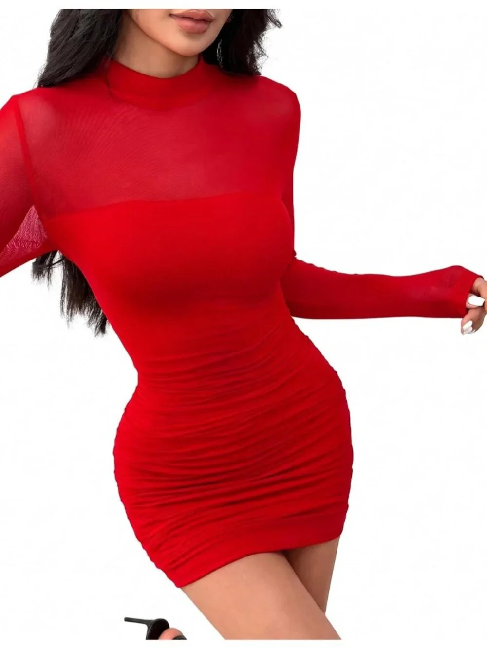 👗 Women's Red Mesh Sheer Long Sleeves Dress Ruched Bodycon Mock Neck Dress